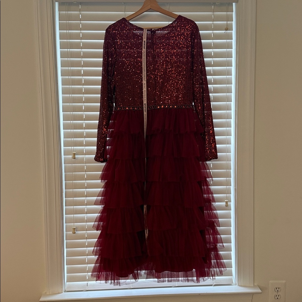 Mac Duggal Long Sleeve Ruffle Tiered Midi Dress - Red - 10 - Picture 5 of 7